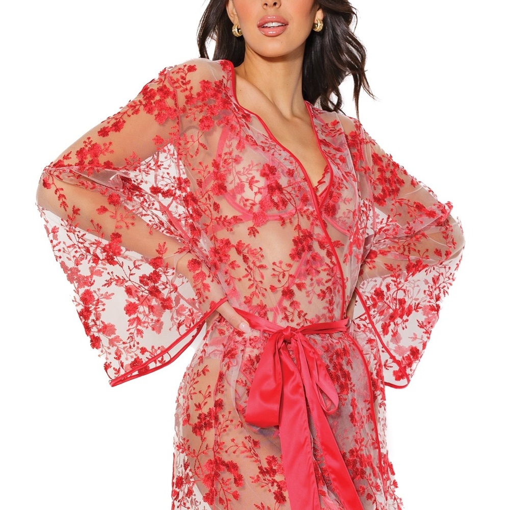 Chic Red Floral Sheer Robe